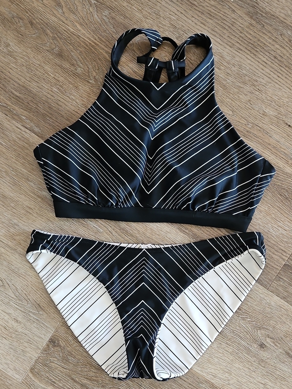 Athleta Black with White Stripe High Neck Bikini Top
